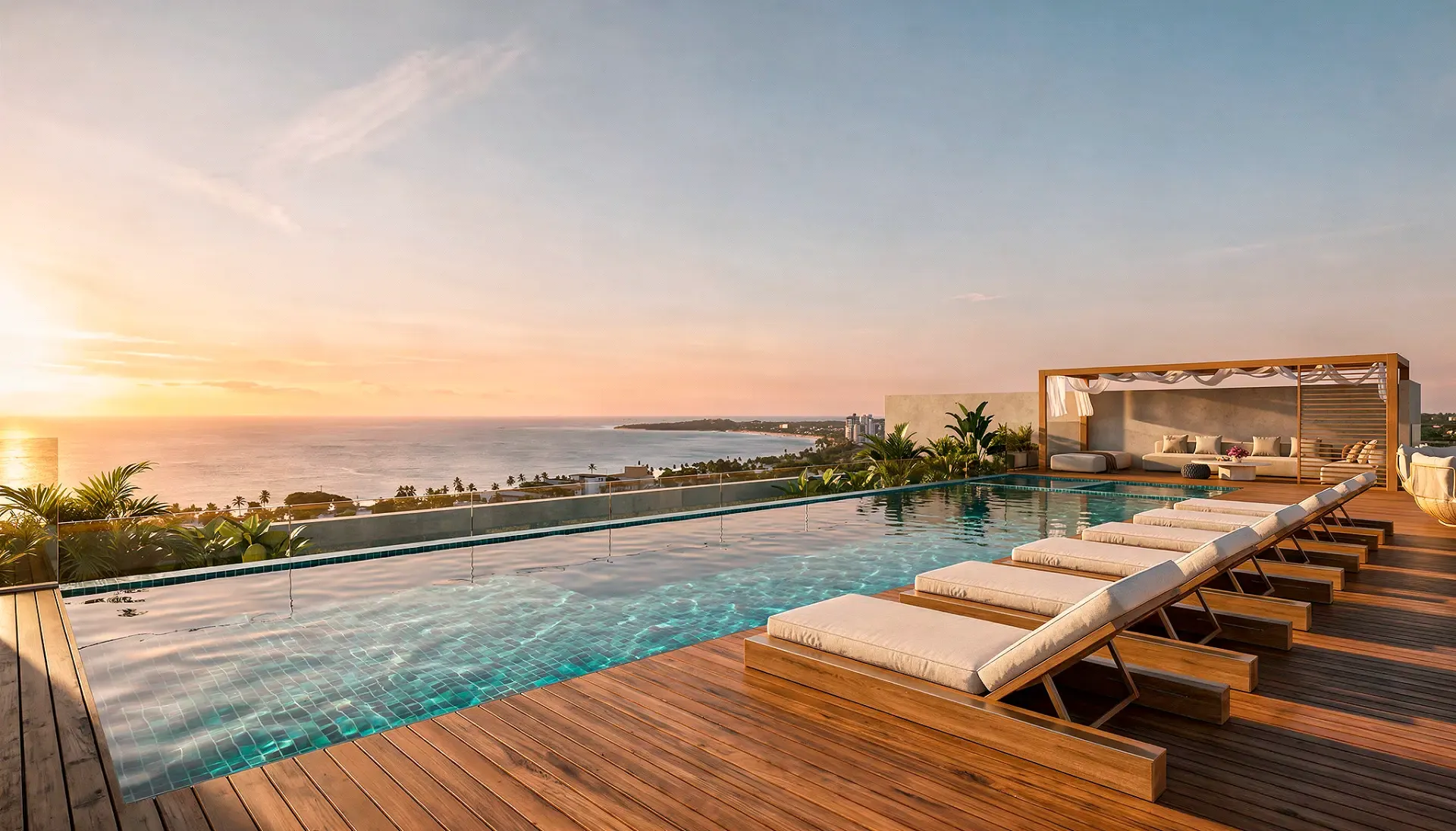 Piscina com borda infinita ao pôr do sol