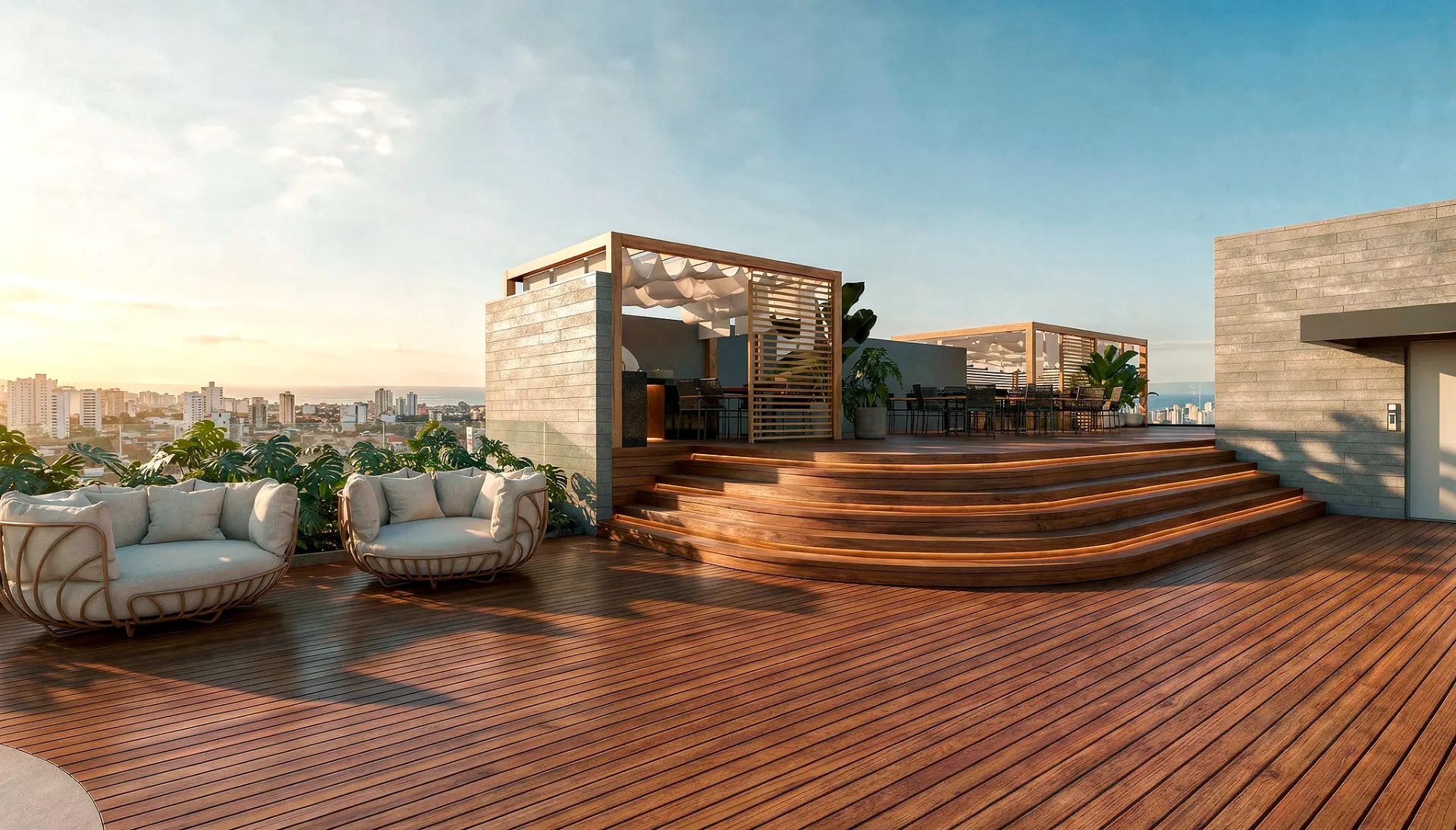 Deck do rooftop ao pôr do sol