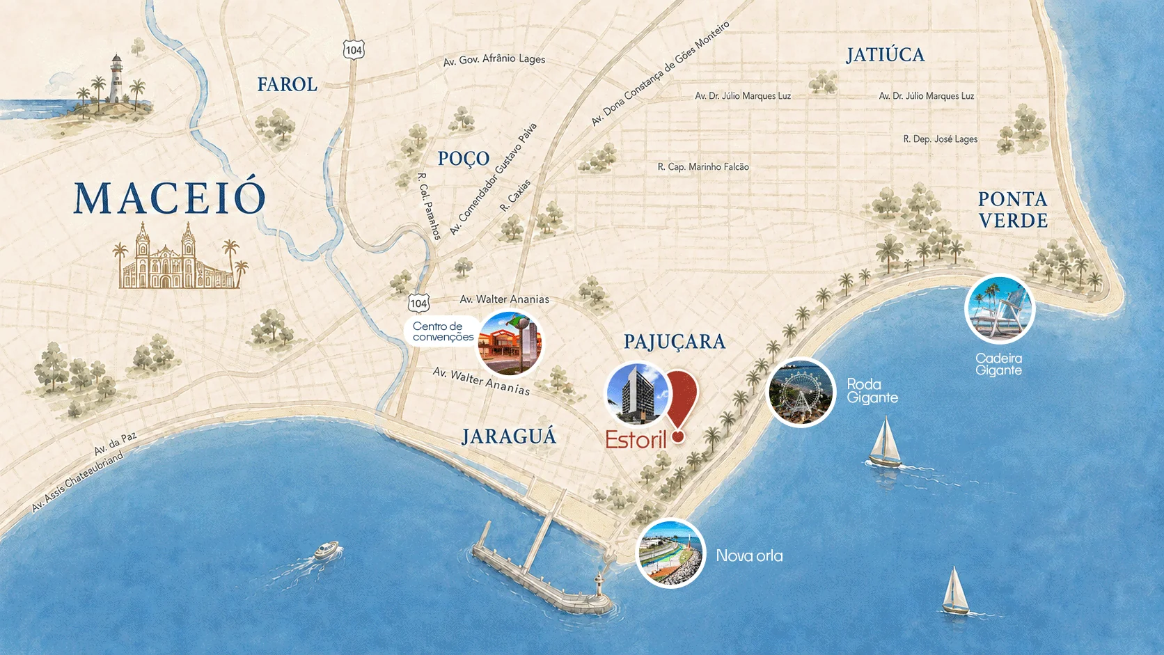 Mapa ilustrado de Maceió com a localização do Estoril Studios em Pajuçara, próximo à Roda Gigante, Nova Orla, Cadeira Gigante e Centro de Convenções